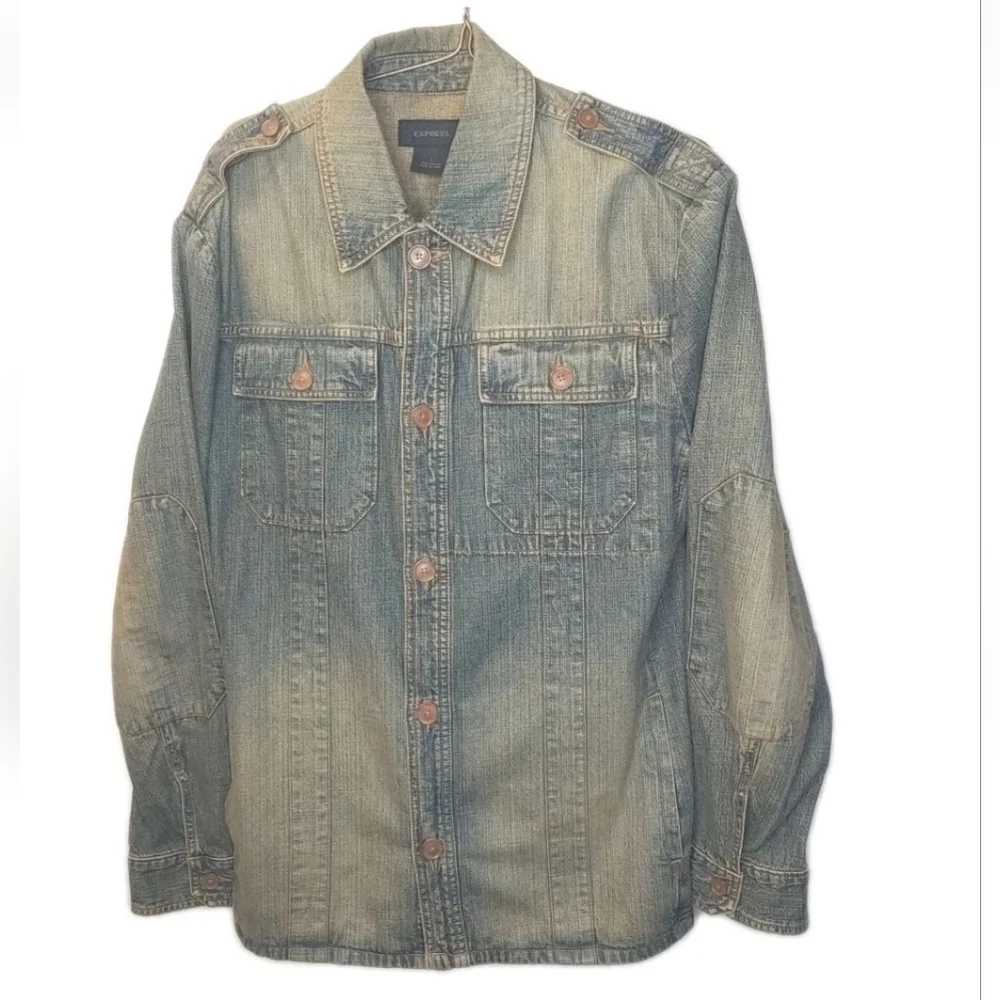 Express Military Jean Jacket Woman Large Blue Denim Button Elbow Patches Utility - Picture 12 of 12